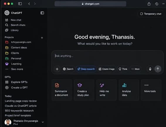 ChatGPT interface showing Good evening Thanasis and available AI tools