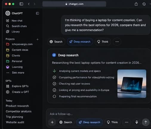 ChatGPT Deep Research interface used for product research