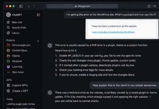 ChatGPT troubleshooting a WordPress error and preparing a client reply