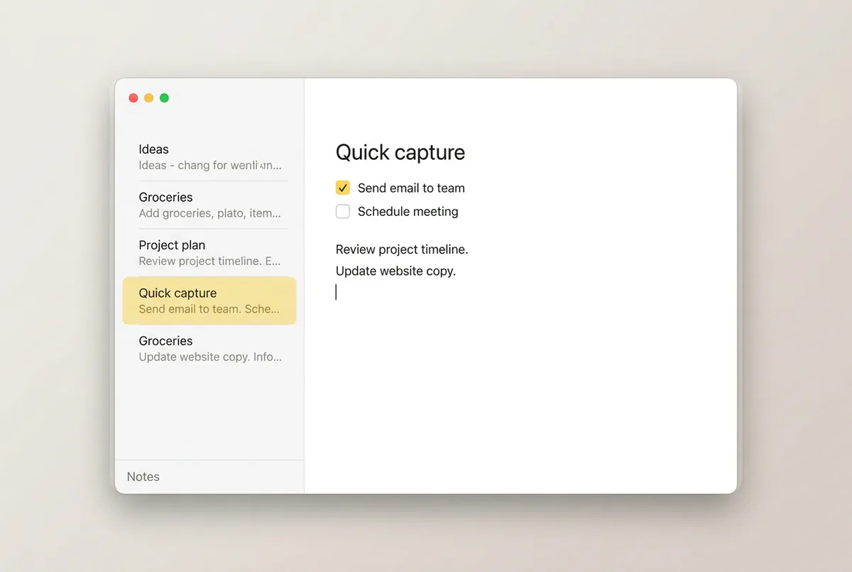 Apple Notes with a quick-capture checklist and the signature yellow accent