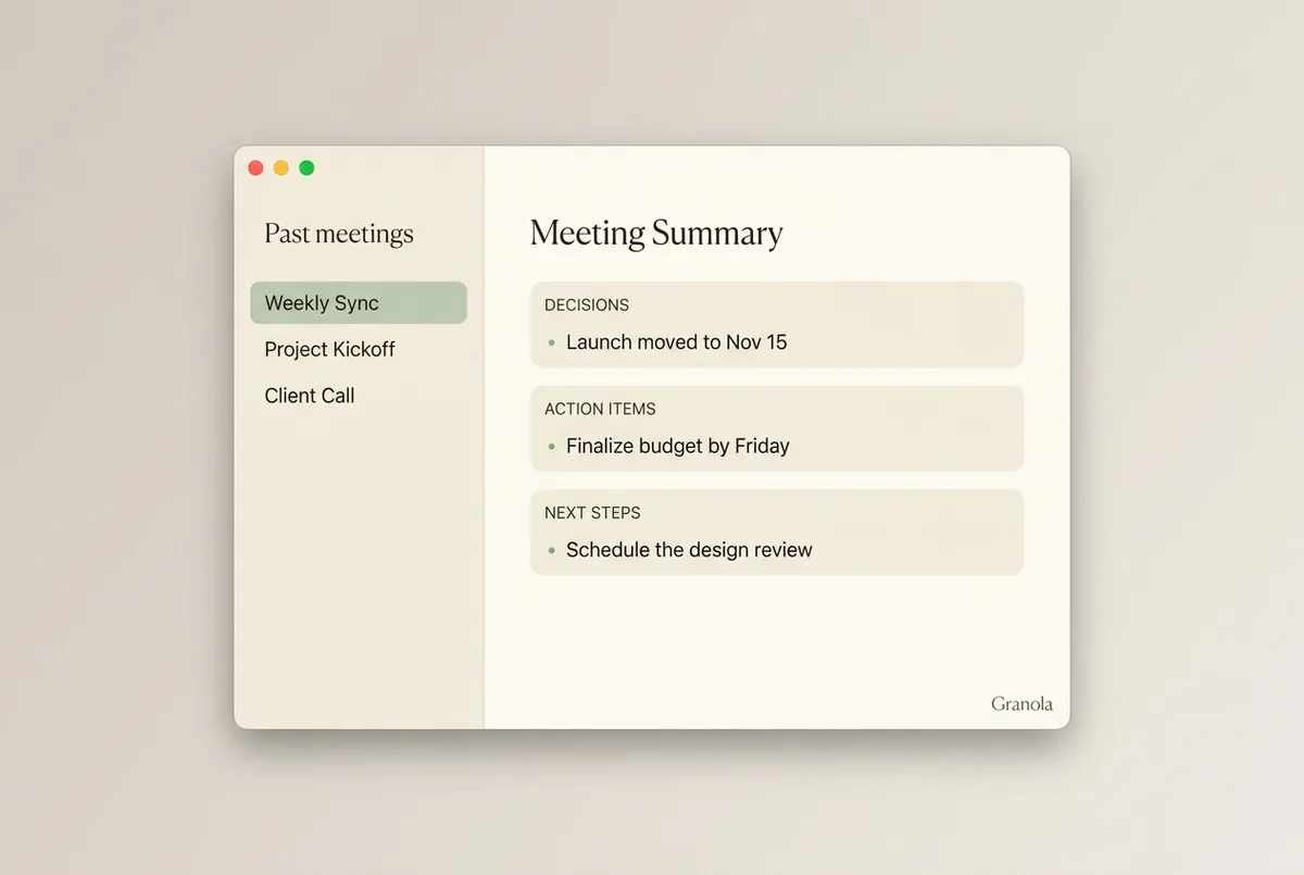 Granola's post-meeting summary organized by topic