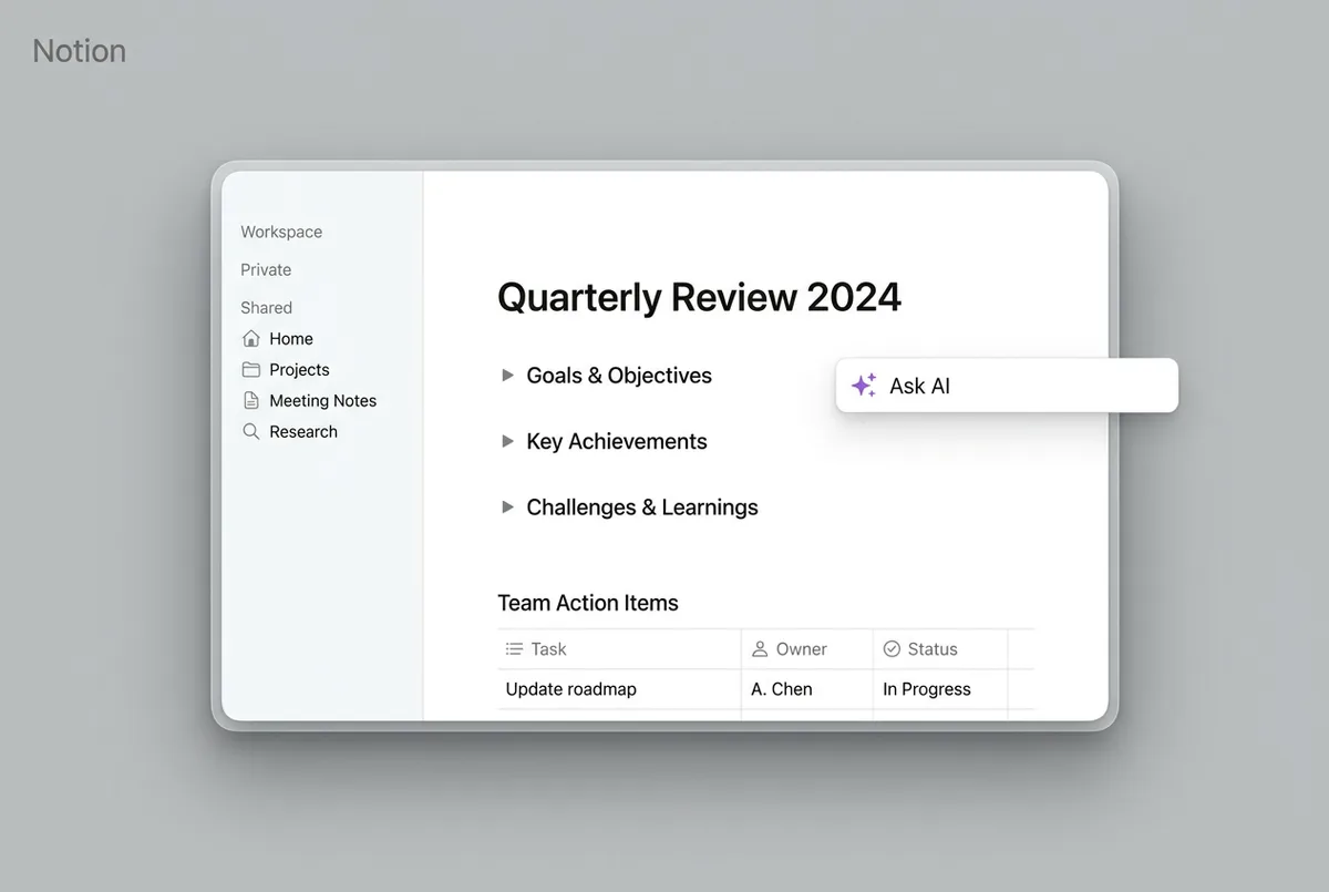 Notion workspace with the Ask AI bar and a database of action items