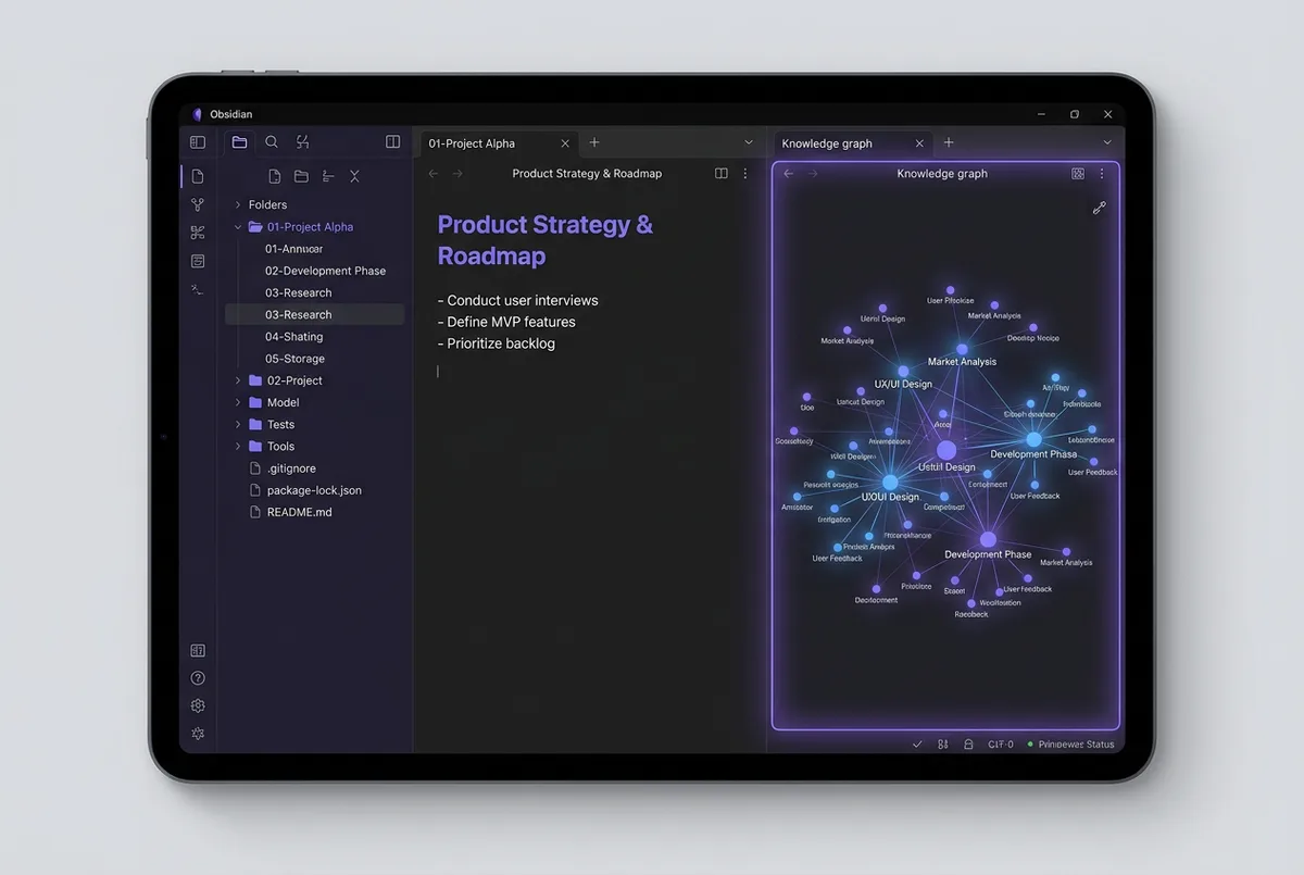 Obsidian's dark interface with the purple knowledge graph view next to a markdown note