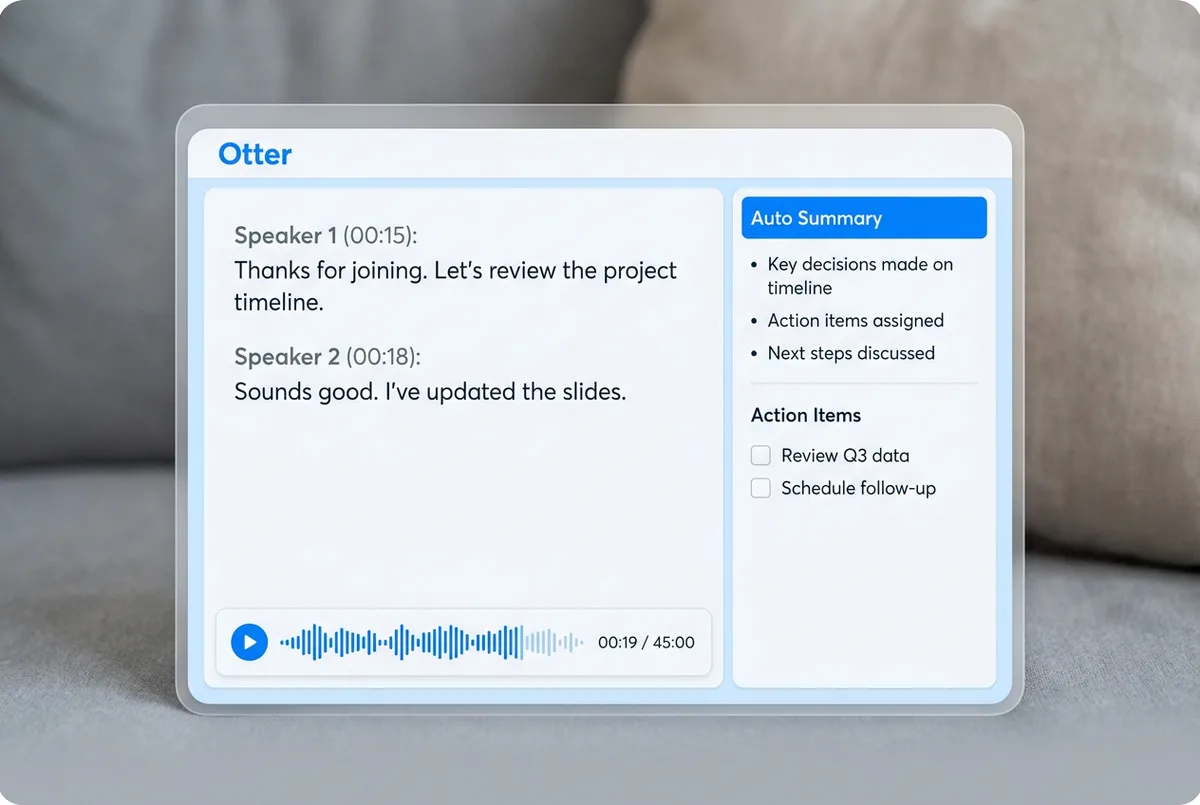 Otter's live transcript with speaker labels and an auto summary