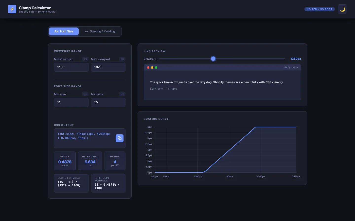 CSS Clamp Calculator interface